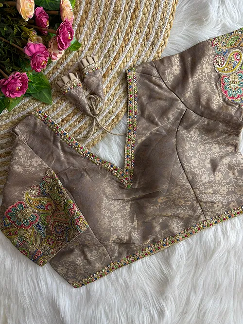 Bronze Color V-Neck Heavy Embroidery Blouse