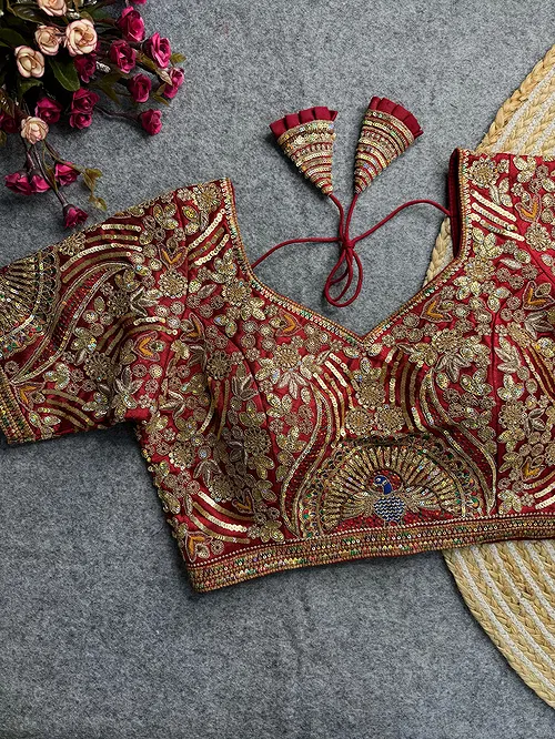 Maroon Italian Silk Codding Sequence Peacock Work Bridal Blouse