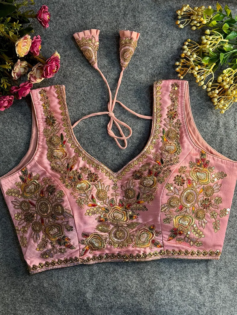 Peach Beads Work Bridal Blouse