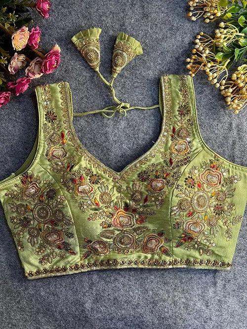 Pista Green Beads Work Bridal Blouse