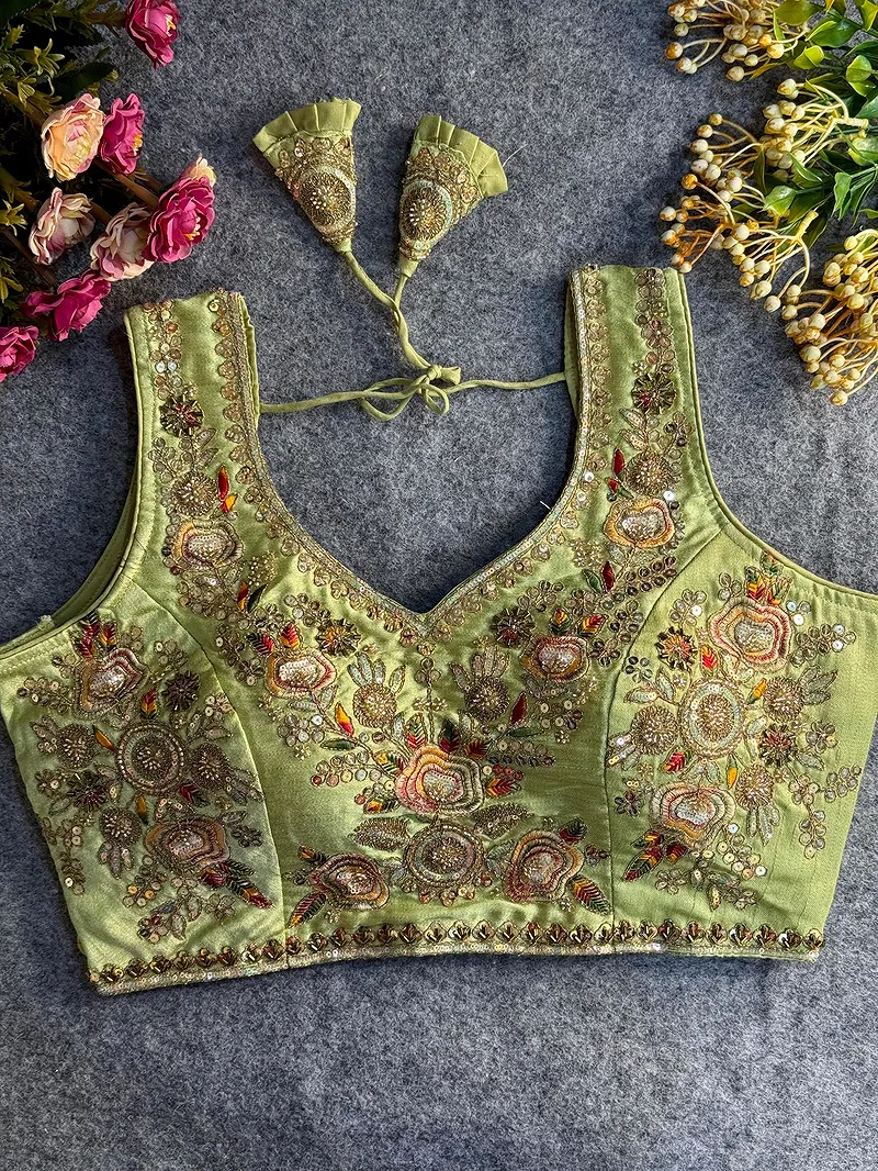 Pista Green Beads Work Bridal Blouse