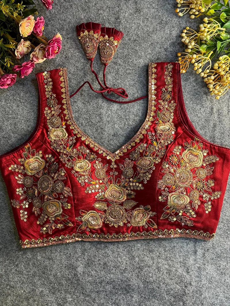 Maroon Beads Work Bridal Blouse