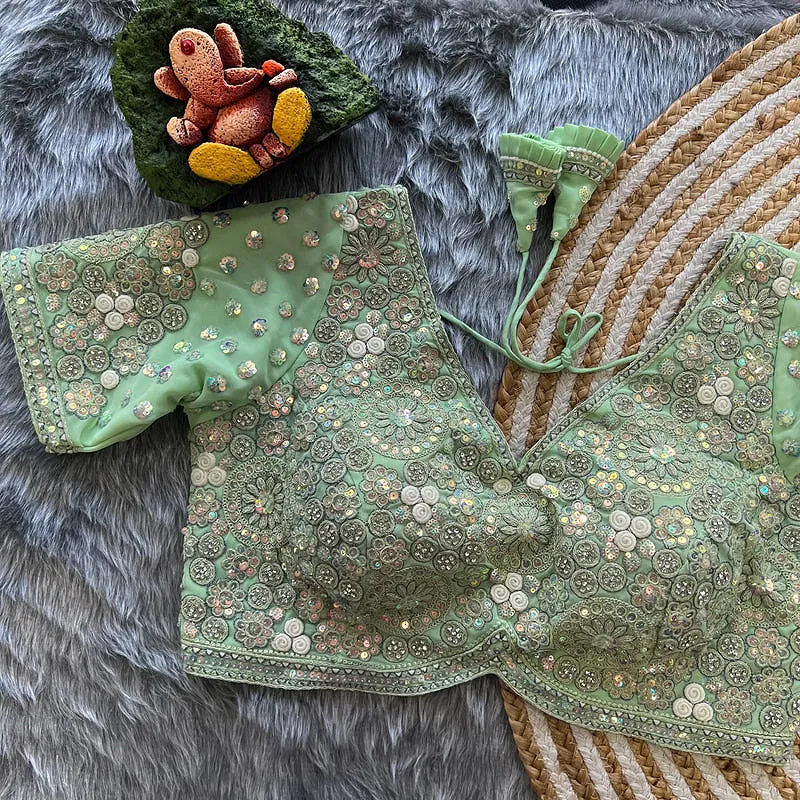 Pista Green Colour Georgette Embroidered Wedding Blouse