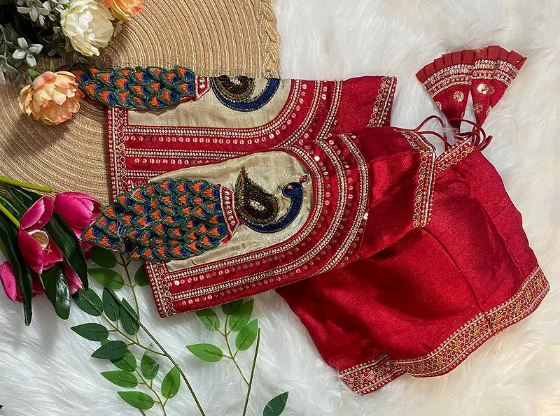 Red Color 3D Peacock Italian Silk Heavy Sleeve Blouse