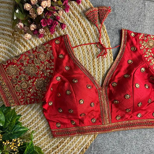Red Colour V-Neck Bridal Blouse 