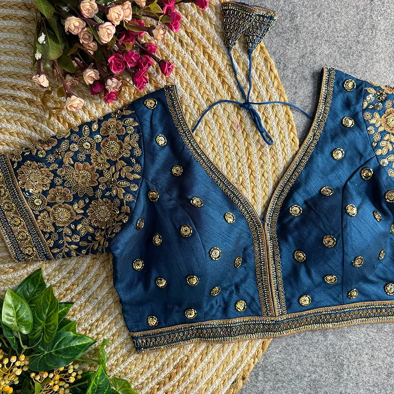 Blue Colour V-Neck Bridal Blouse 