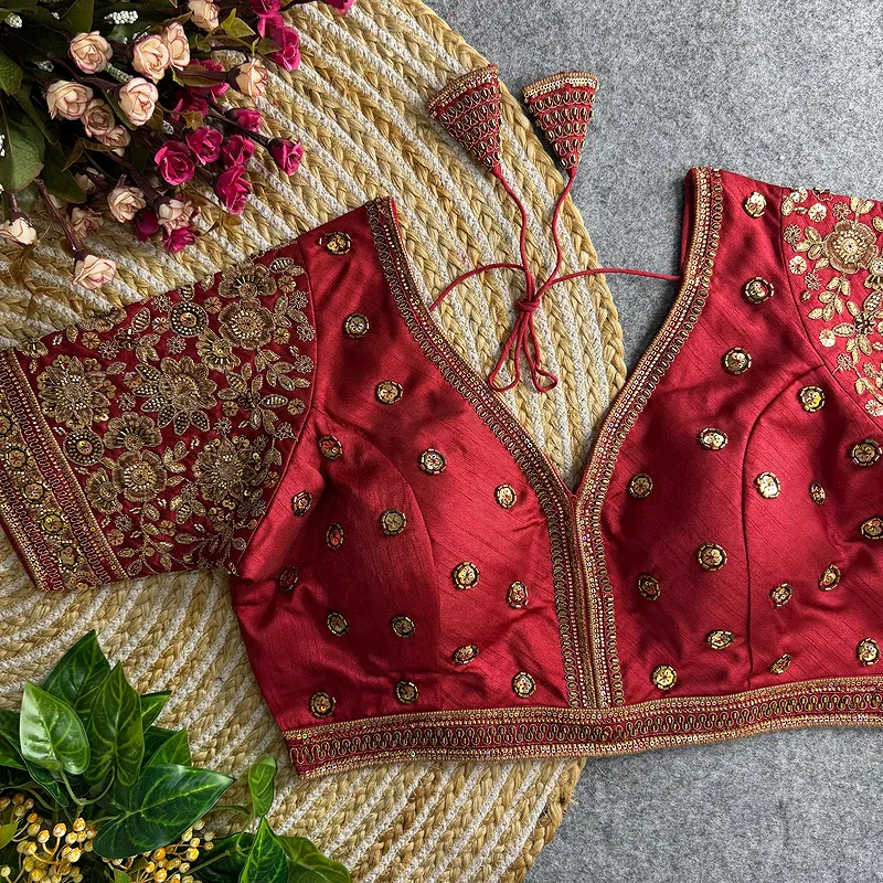 Maroon Colour V-Neck Bridal Blouse 