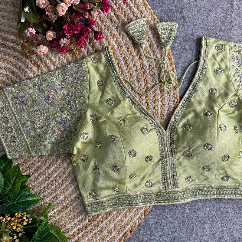 Pista Green Colour V-Neck Bridal Blouse 