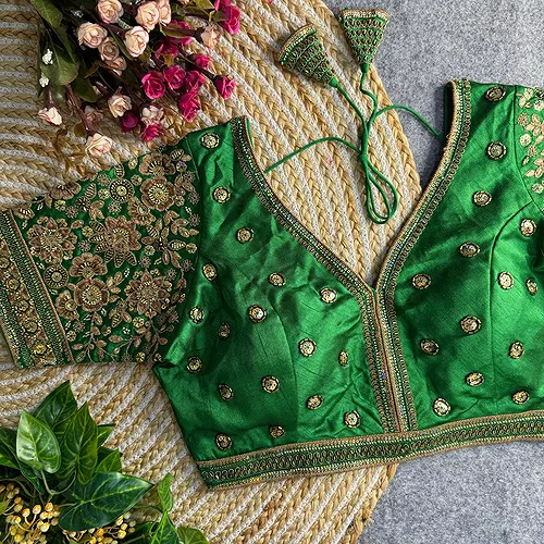 Green Colour V-Neck Bridal Blouse 