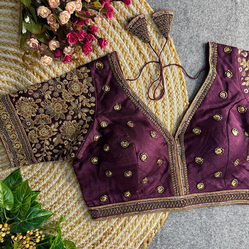 Wine Colour V-Neck Bridal Blouse 