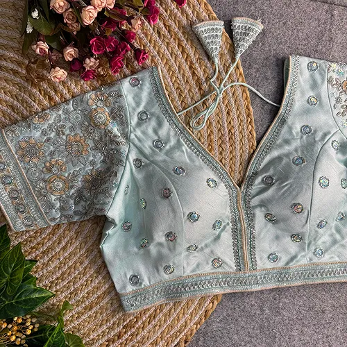 Sky Blue Colour V-Neck Bridal Blouse 