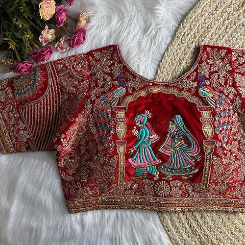 Royal Red Velvet Diamond Handwork Bridal Blouse