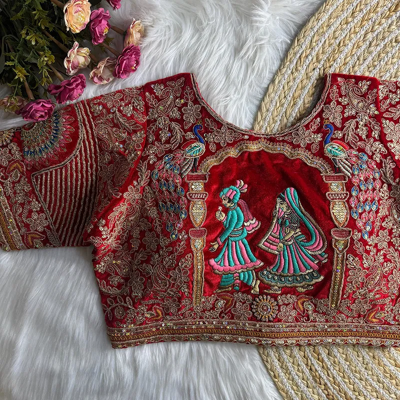 Royal Red Velvet Diamond Handwork Bridal Blouse