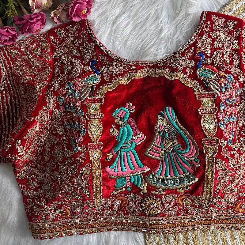 Royal Red Velvet Diamond Handwork Bridal Blouse