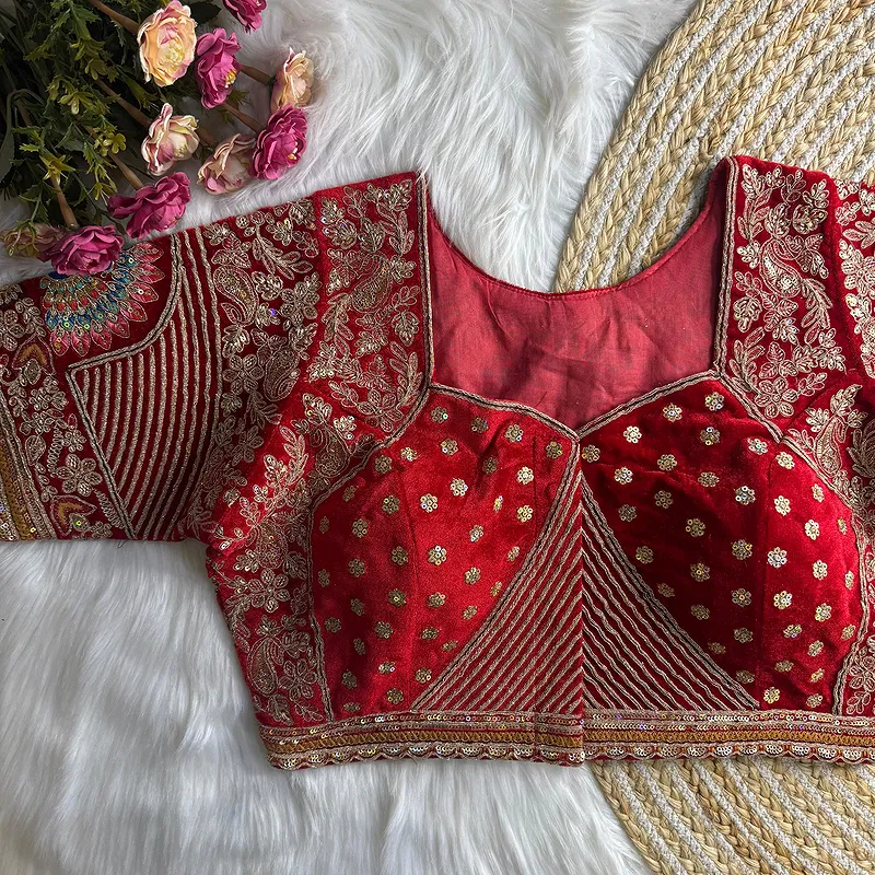 Royal Red Velvet Diamond Handwork Bridal Blouse