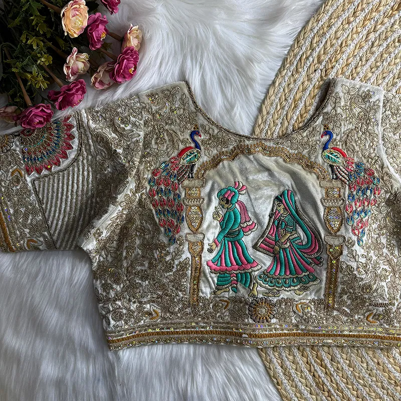 White Velvet Embroidery and Diamond Handwork Bridal Blouse