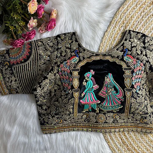 Black Velvet Embroidery and Diamond Handwork Bridal Blouse