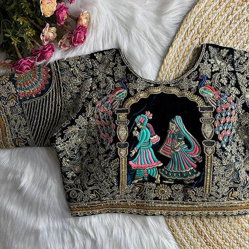 Royal Blue Velvet Embroidery and Diamond Handwork Bridal Blouse