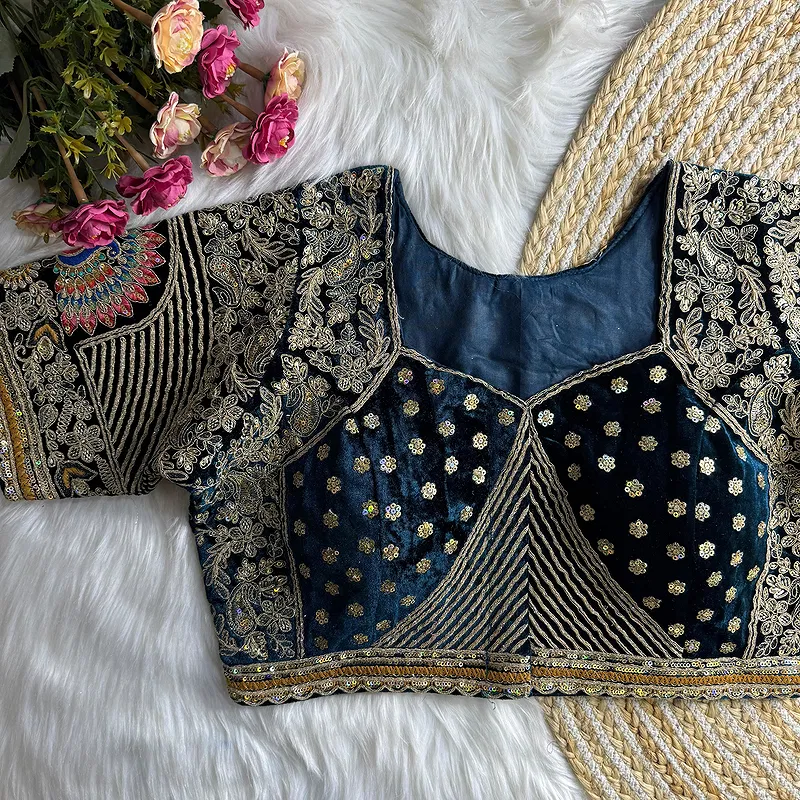 Royal Blue Velvet Embroidery and Diamond Handwork Bridal Blouse