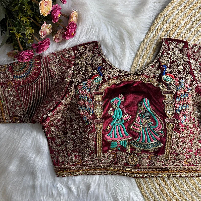 Maroon Velvet Embroidery and Diamond Handwork Bridal Blouse