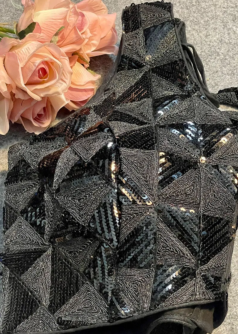 Black Deep Neck Partywear Sequence Blouse.