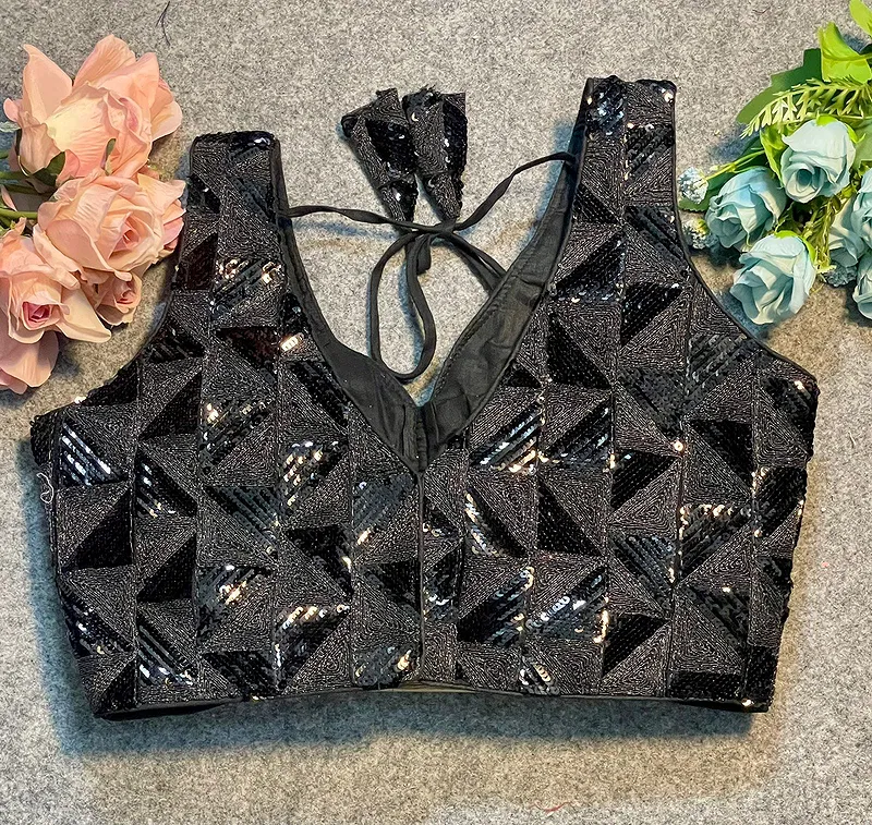 Black Deep Neck Partywear Sequence Blouse.