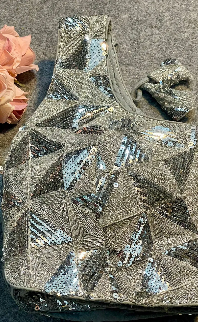 Silver Deep Neck Partywear Sequence Blouse.