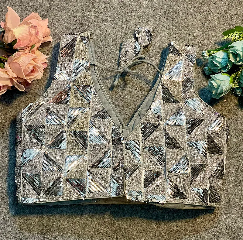 Silver Deep Neck Partywear Sequence Blouse.