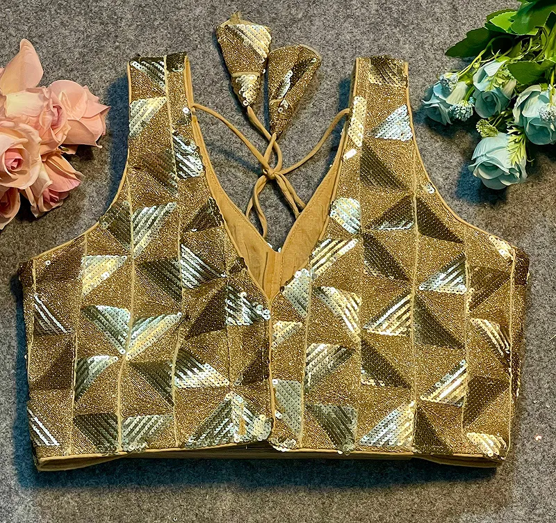 Golden Deep Neck Partywear Sequence Blouse.