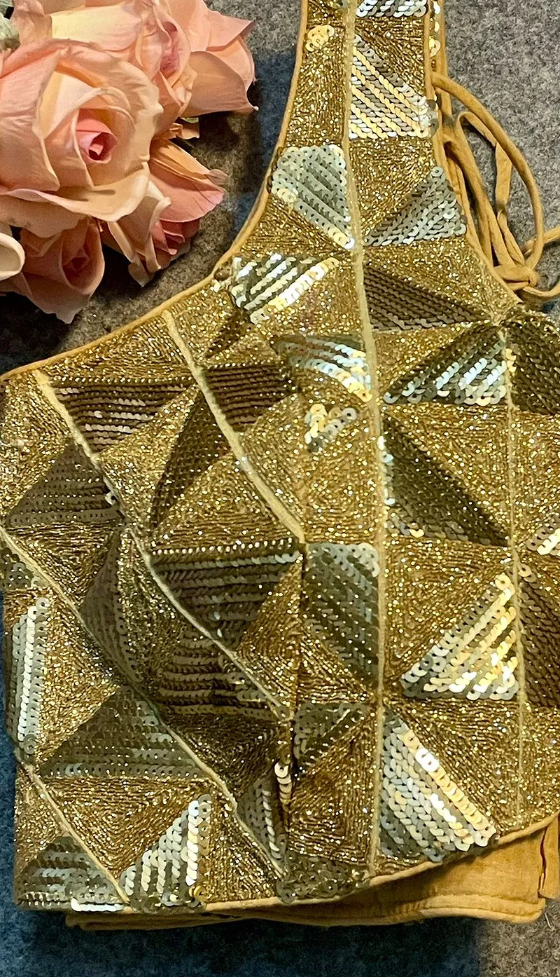 Golden Deep Neck Partywear Sequence Blouse.