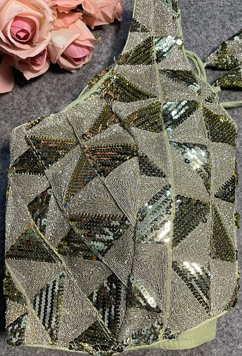 Pista Green Deep Neck Partywear Sequence Blouse