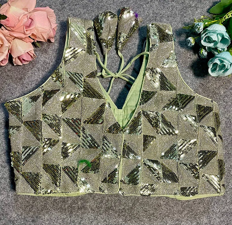 Pista Green Deep Neck Partywear Sequence Blouse