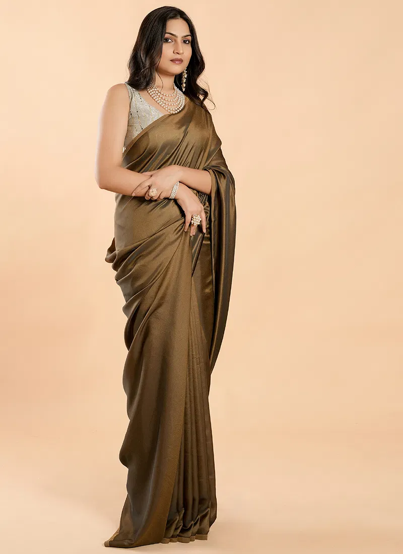 Olive Brown No Border Burfi Silk Saree With Blouse