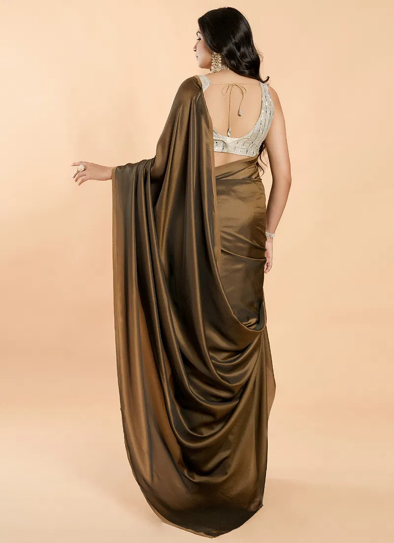 Olive Brown No Border Burfi Silk Saree With Blouse