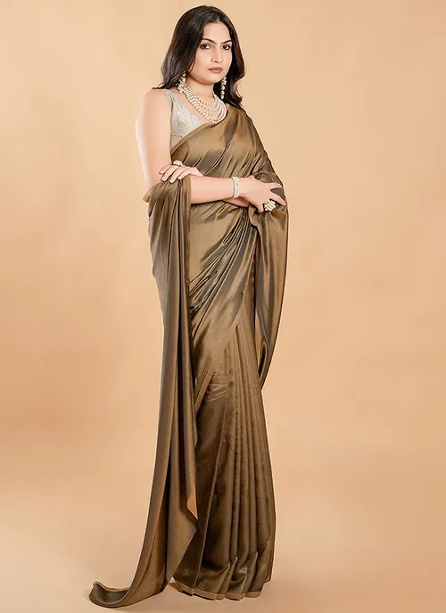Olive Brown No Border Burfi Silk Saree With Blouse