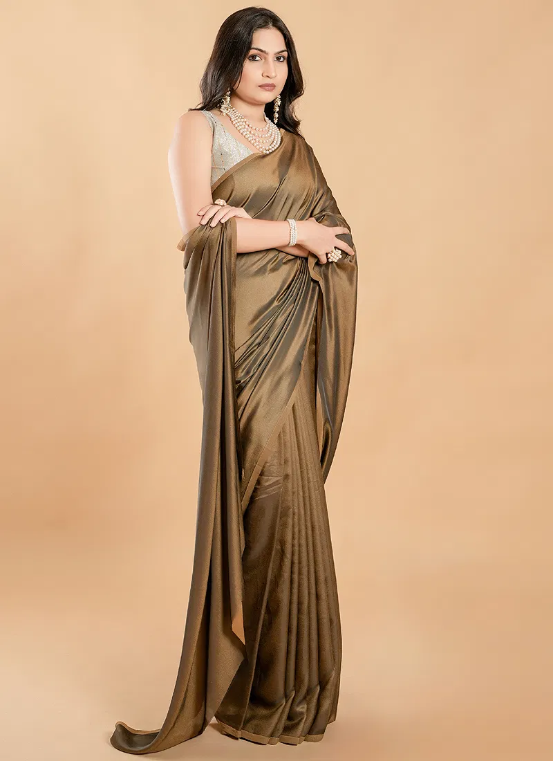 Olive Brown No Border Burfi Silk Saree With Blouse