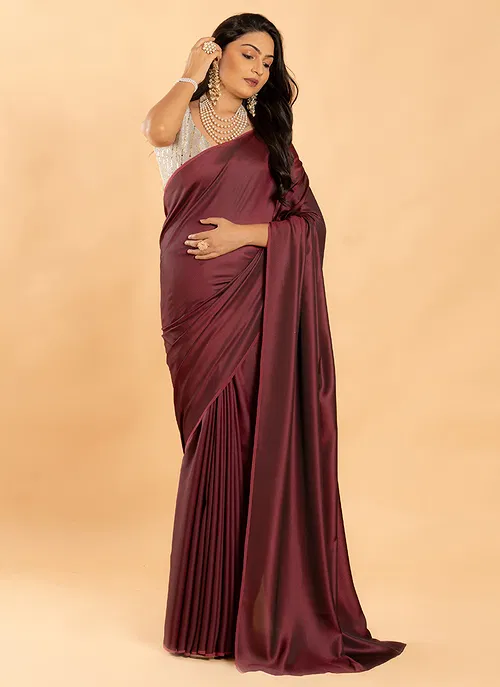 Wine No Border Burfi Silk Saree With Blouse