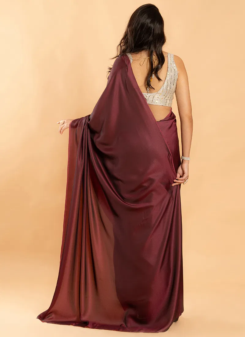 Wine No Border Burfi Silk Saree With Blouse