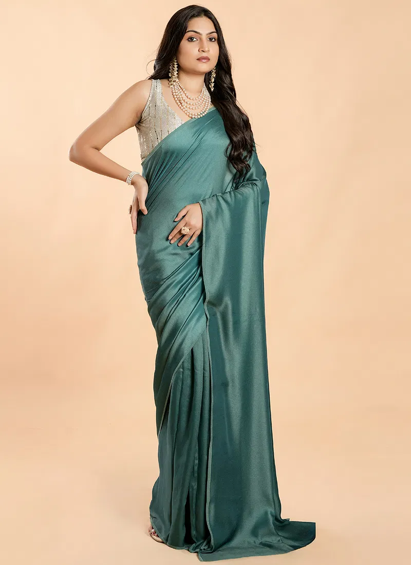 Turquoise No Border Burfi Silk Saree With Blouse