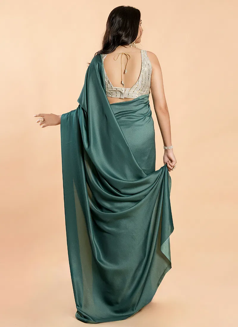 Turquoise No Border Burfi Silk Saree With Blouse