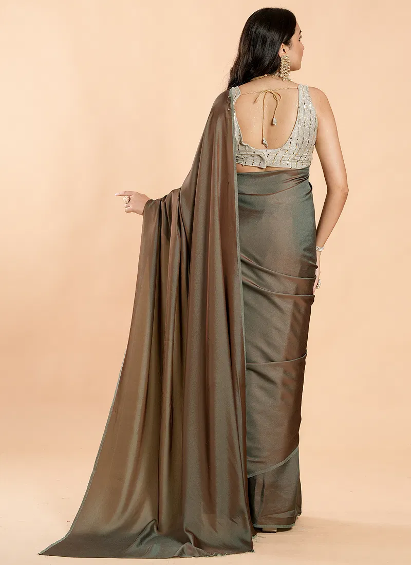 Grey Beige No Border Burfi Silk Saree With Blouse