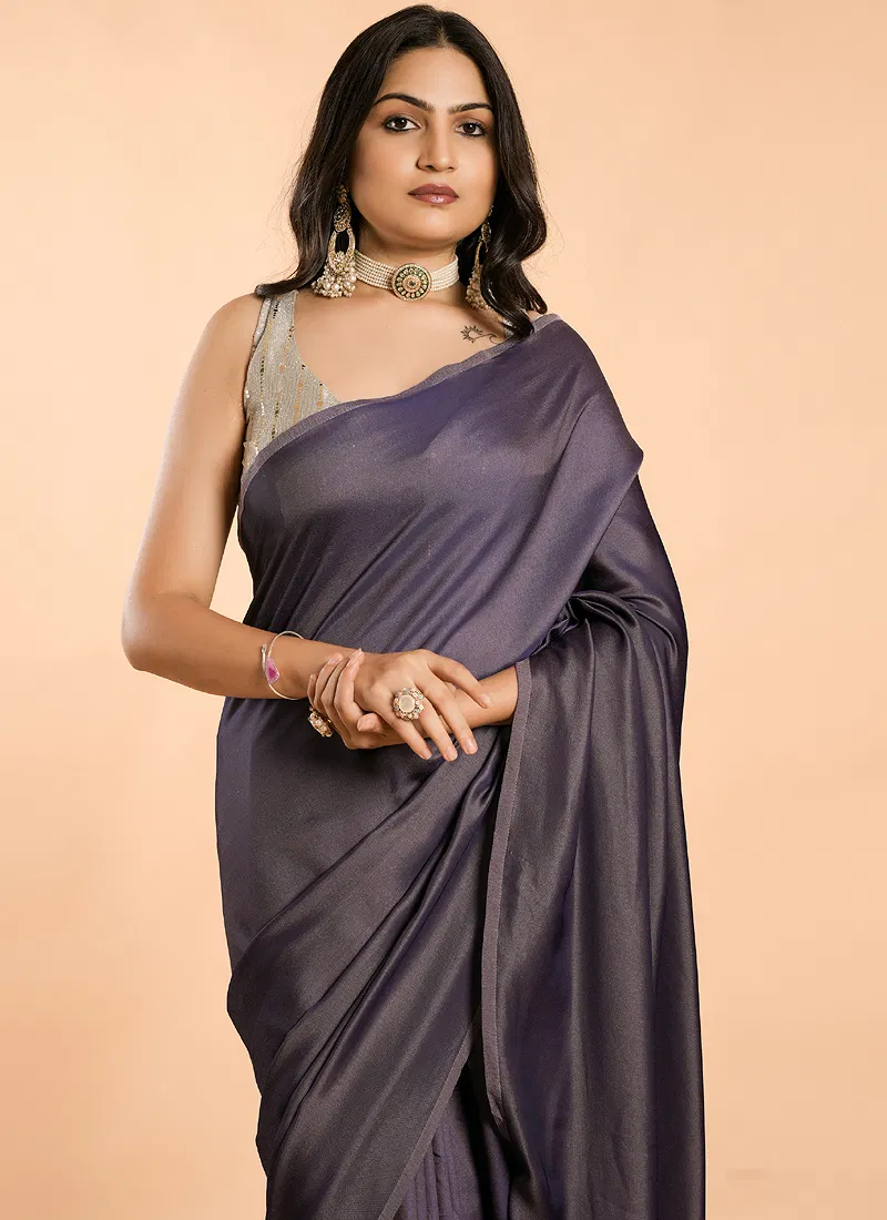 Purple No Border Burfi Silk Saree With Blouse