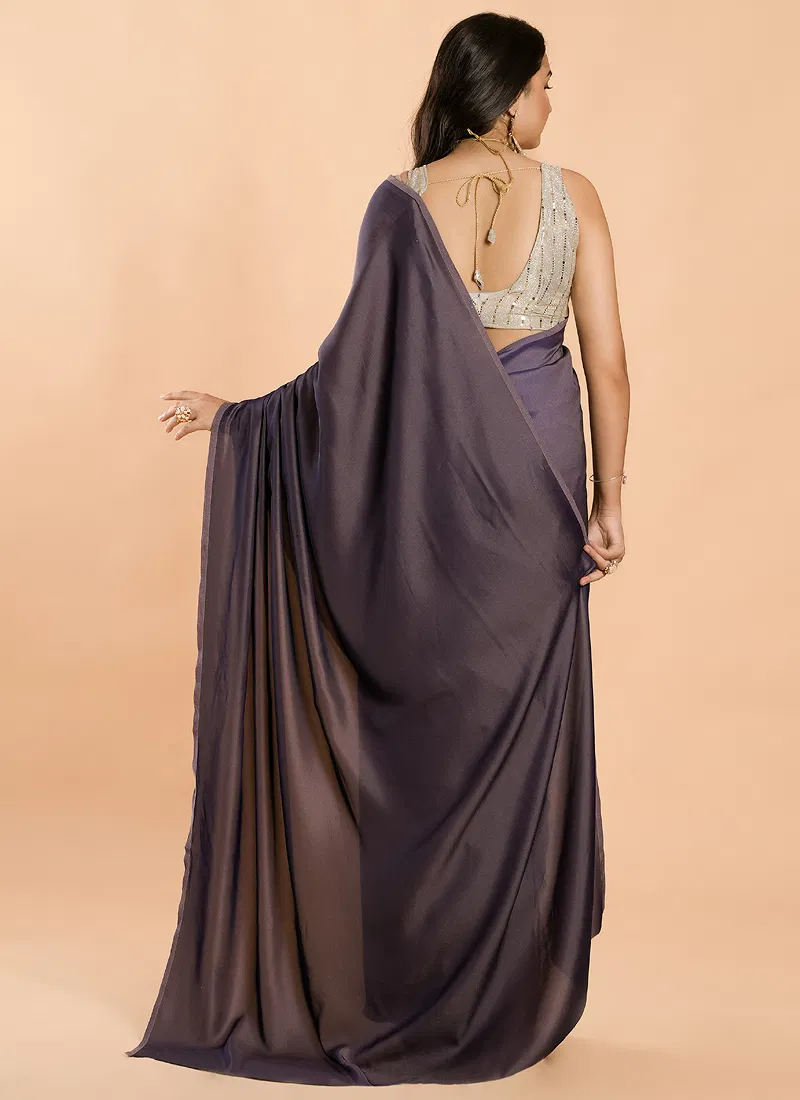 Purple No Border Burfi Silk Saree With Blouse