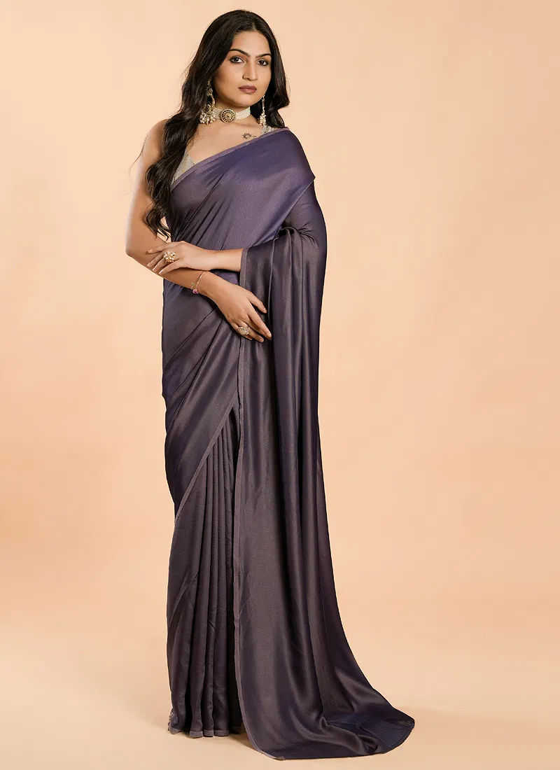 Purple No Border Burfi Silk Saree With Blouse