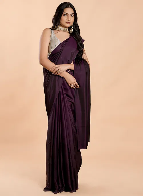 Plum Purple No Border Burfi Silk Saree With Blouse