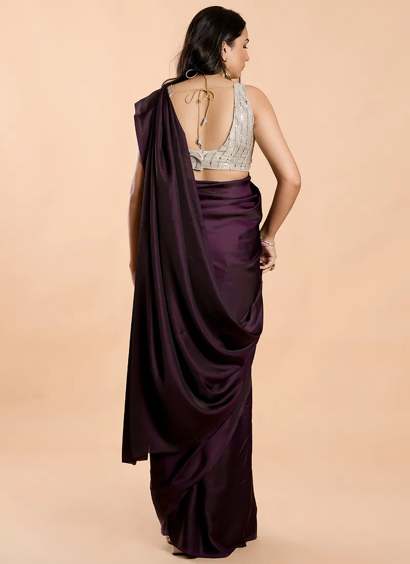 Plum Purple No Border Burfi Silk Saree With Blouse
