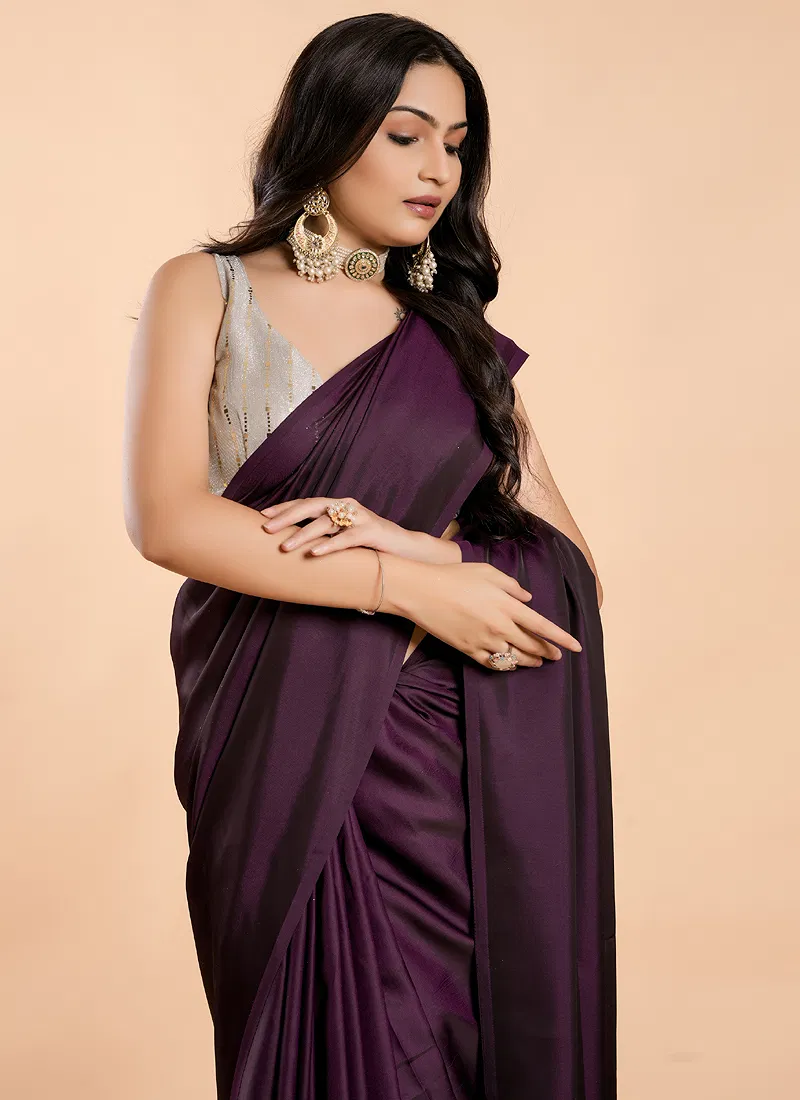 Plum Purple No Border Burfi Silk Saree With Blouse