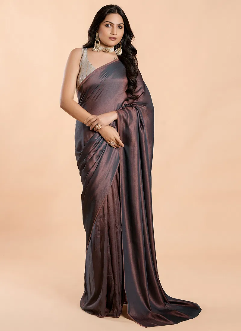Mauve Brown No Border Burfi Silk Saree With Blouse