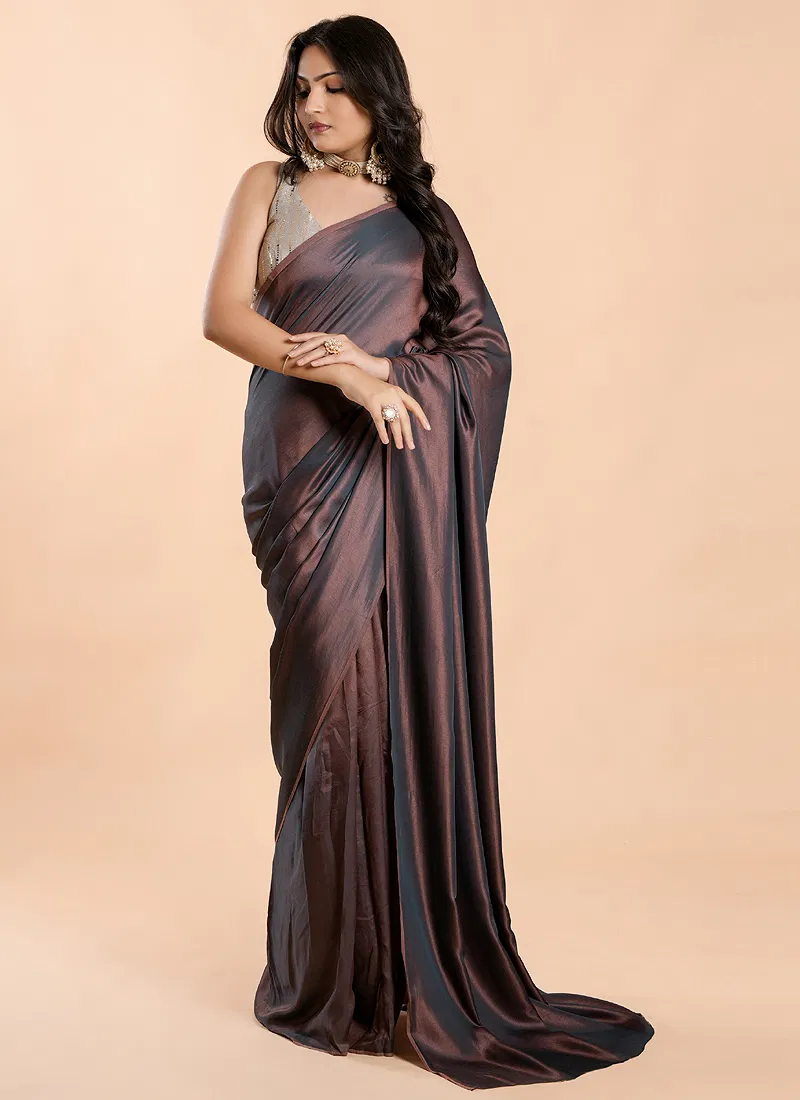 Mauve Brown No Border Burfi Silk Saree With Blouse