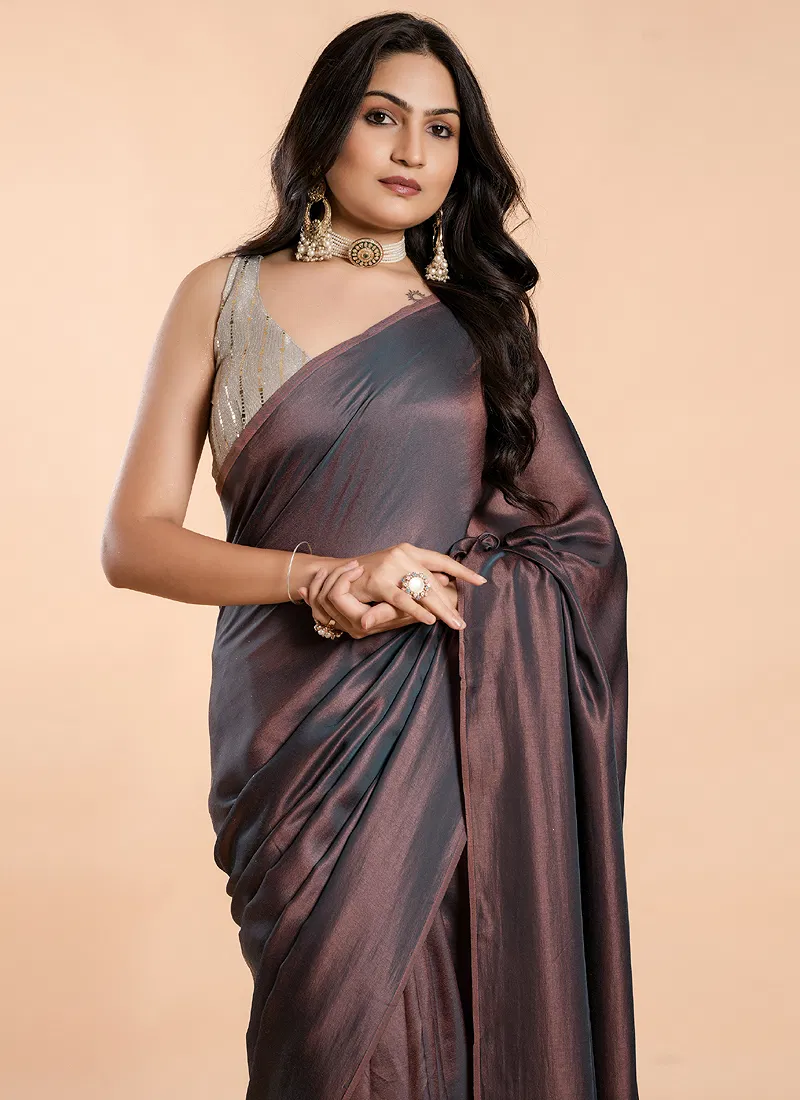 Mauve Brown No Border Burfi Silk Saree With Blouse